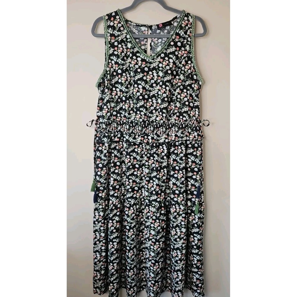 Kancy Kole Dress Women 2X Black White Pink Floral Tiered Cinched Bow Tie Waist